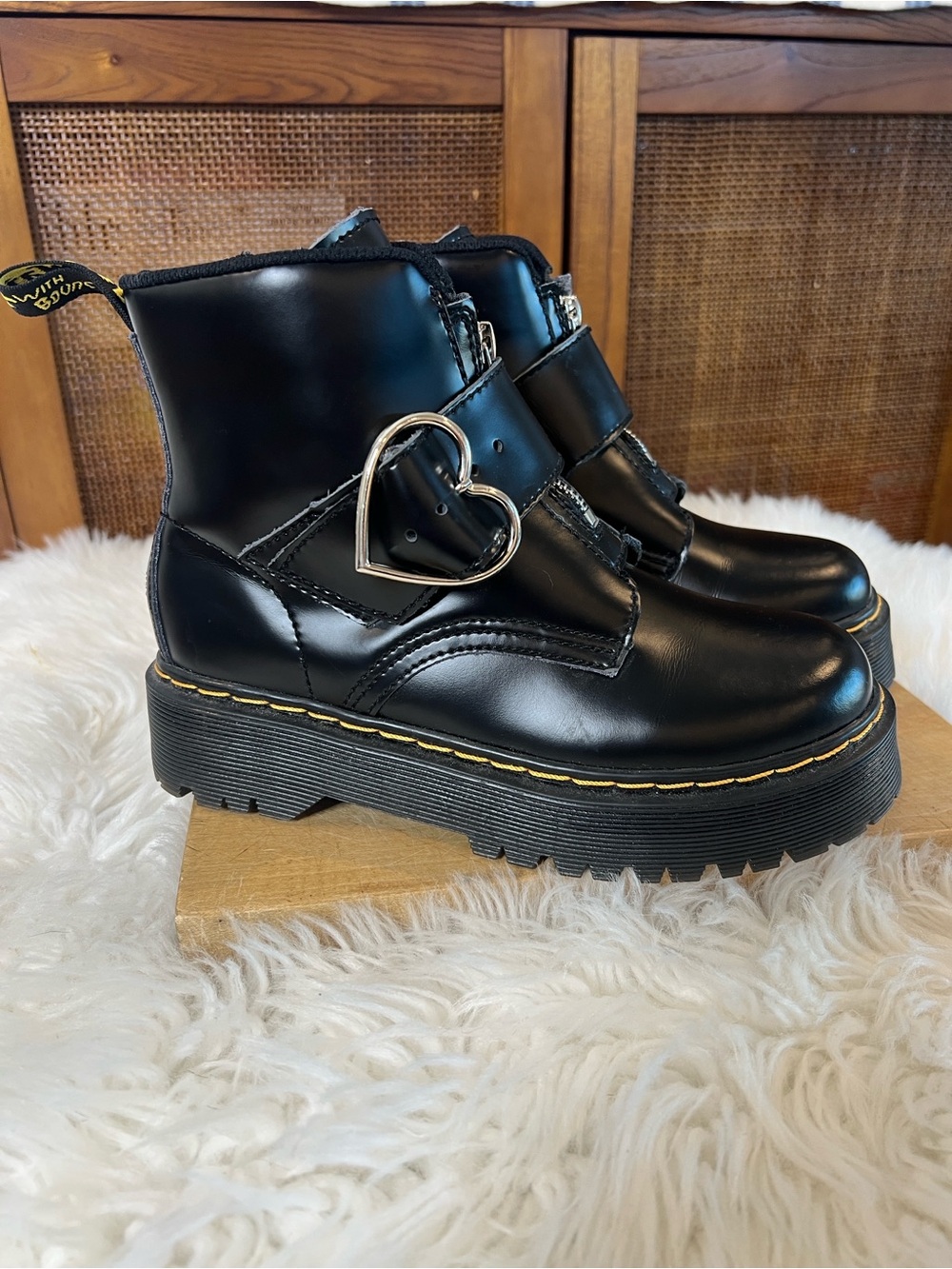 Dr Martens x Lazy Oaf Black Heart-Accent Platform Ankle Boots
